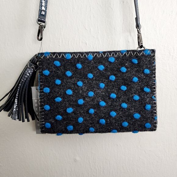 Sondra Roberts NWT Felt Pompom Clutch Crossbody Bag Grey Blue Polka Dot Wool - Picture 7 of 12